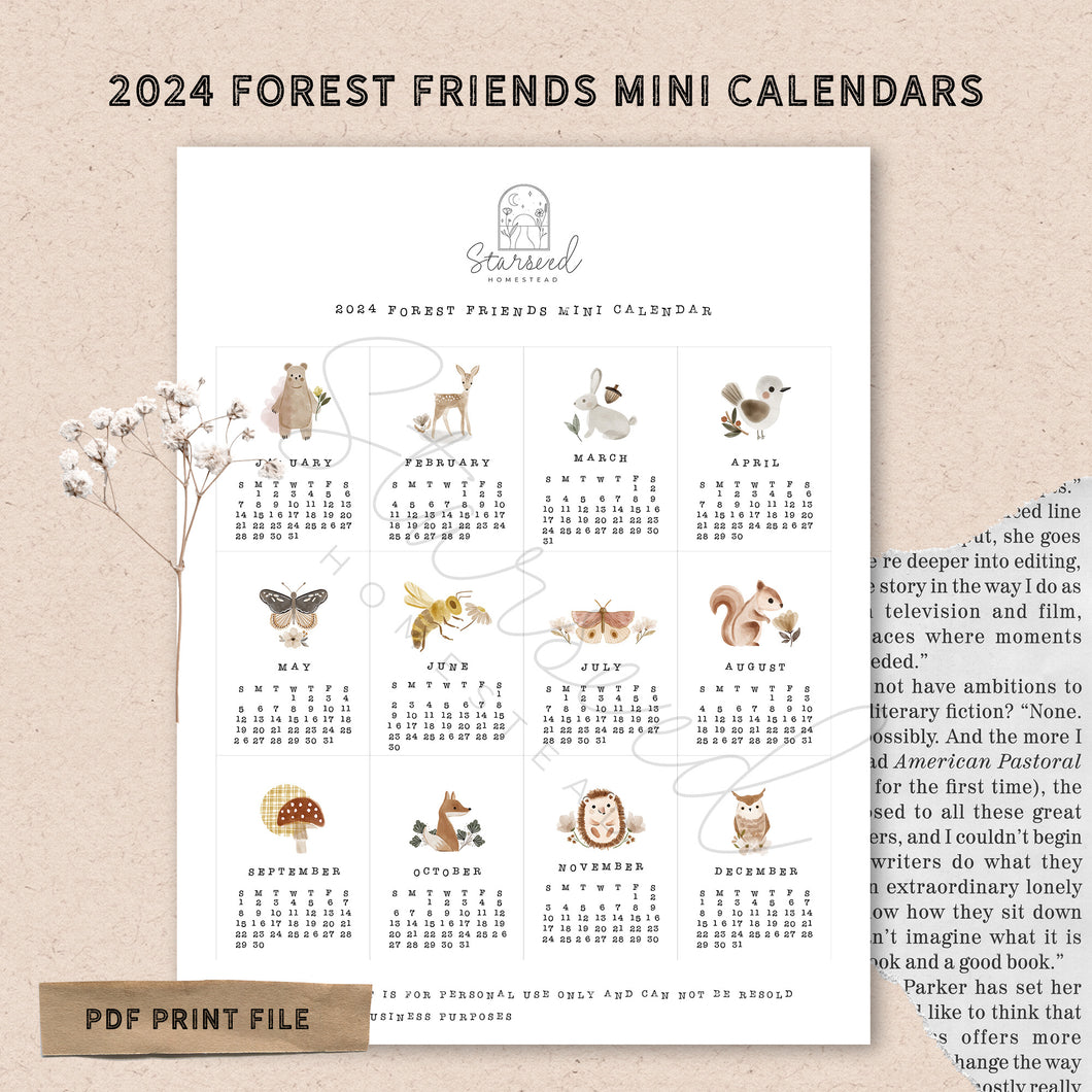 2024 FOREST FRIENDS MINI CALENDARS PRINTABLE