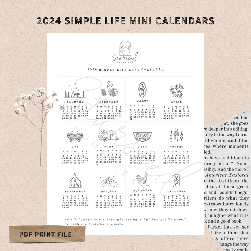 2024 SIMPLE LIFE MINI CALENDARS PRINTABLE